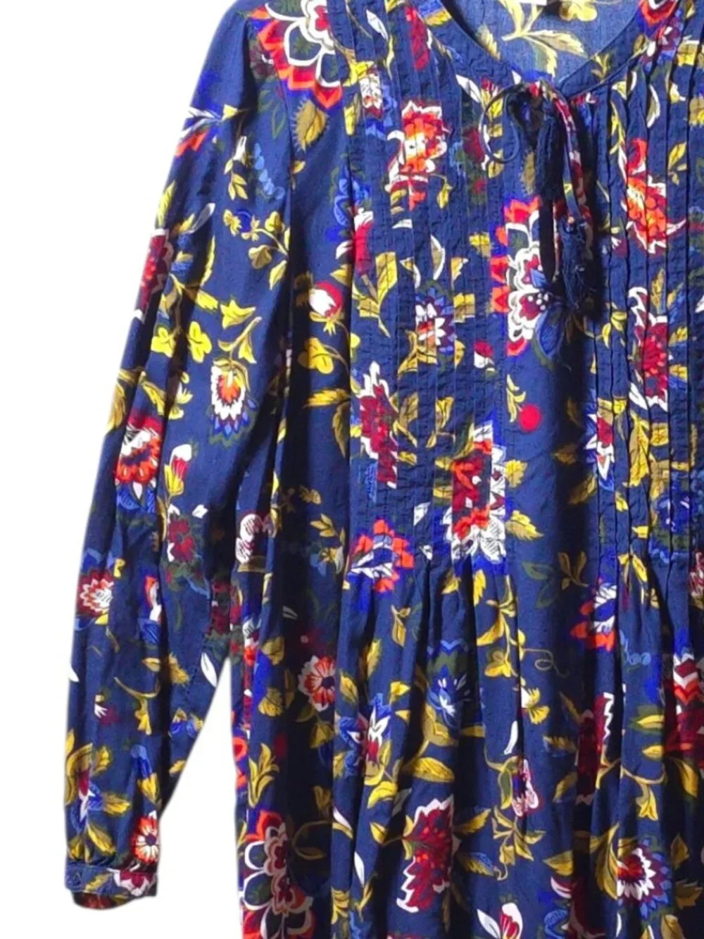 Old Navy Floral Boho Peasant Dress L Tall Blue Red Long Sleeve Pintuck Tie Neck